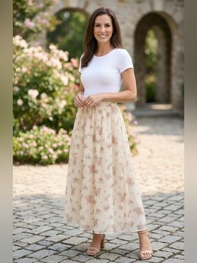 NWT Rosie Posie Floral Midi Skirt Sheer Overlay Cottagecore Romantic Sz Medium